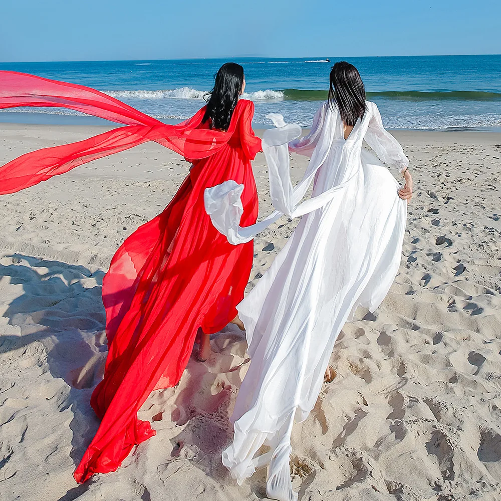 

Boho Long Evening Dress 2023 Flowing Train V-neck Abendkleider Custom Sexy Cap Sleeves Prom Party Gown Red Robe De Soirée