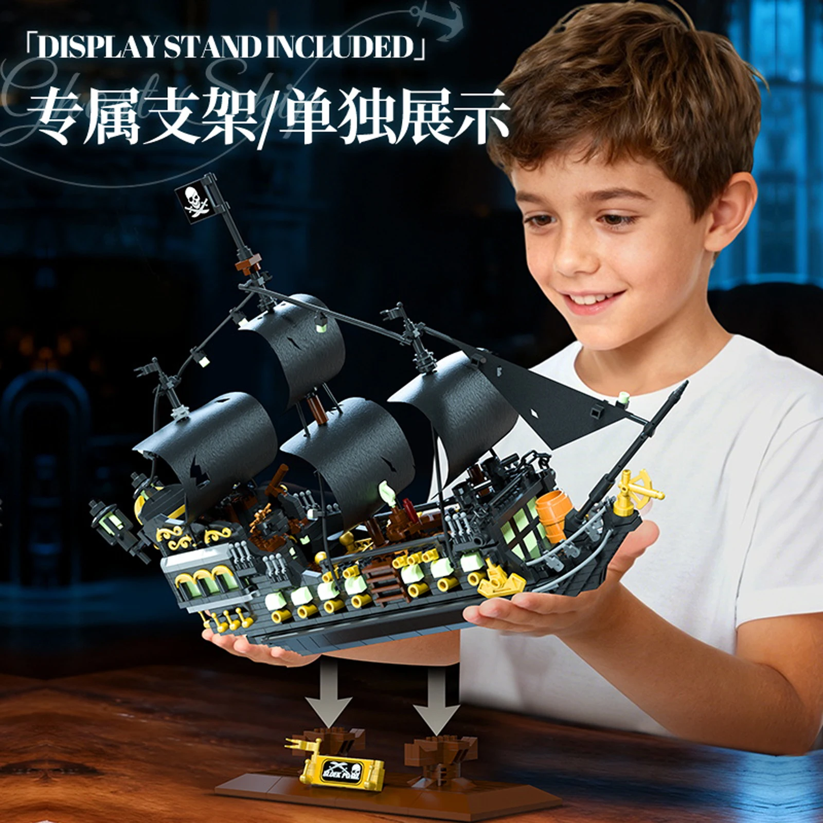 P3128 1576 ชิ้น ตัวต่อเรือโจรสลัด แบบเรืองแสงในที่มืด ของเล่นประกอบเรือผี ชุดตัวต่อเสริมพัฒนาการ DIY
