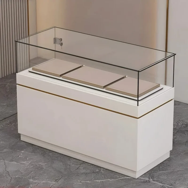 custom.2026 Customized Durable Jewelry Glass Showcase LED Light Powder Coated Counter Storage Cabinet TC