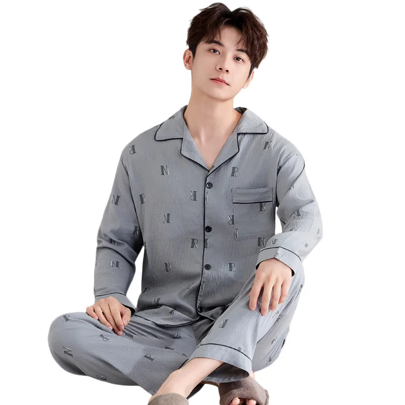 طقم بيجامة رجالي مقاس كبير على الطراز الكوري للربيع/الخريف من القطن السحابي بأكمام طويلة ملابس مريحة عالية الجودة للشباب البالغين #5