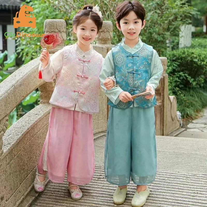 2025 Autumn Spring New 2-14 Years Siblings Outfits Kids Chinese Traditional Festival Hanfu Tangsuit Girls Chiffion 3 Pieces Set