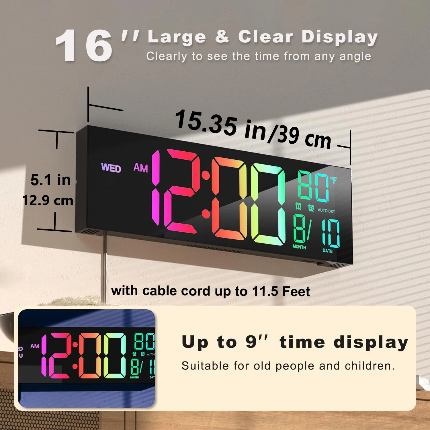 Reloj de pared Digital grande de 16 pulgadas/39cm con Control remoto alarma Dual con pantalla LED grande Dispaly 8 colores RGB electrónico