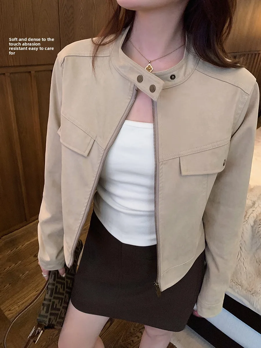 Ms.Daoge Sassy Sle ort Pelle scamosciata Jaet Cappotto da donna in pelle Cool Faion Briti Sle Taglio dritto Colore puro Polieste...