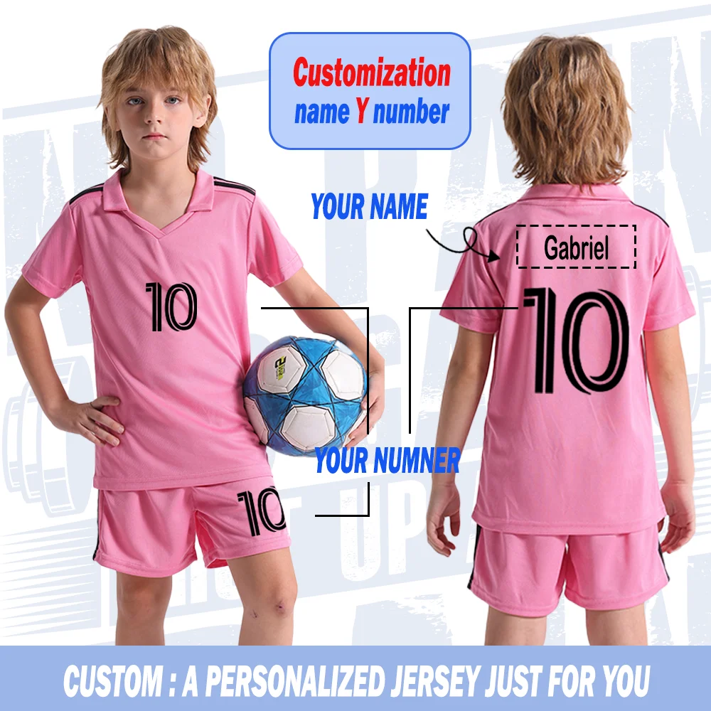 Boys Football Jersey Set Pink Soccer T-shirt +Short+Socks Custom Name Boys Girls Summer Sports Set 3-13 Years