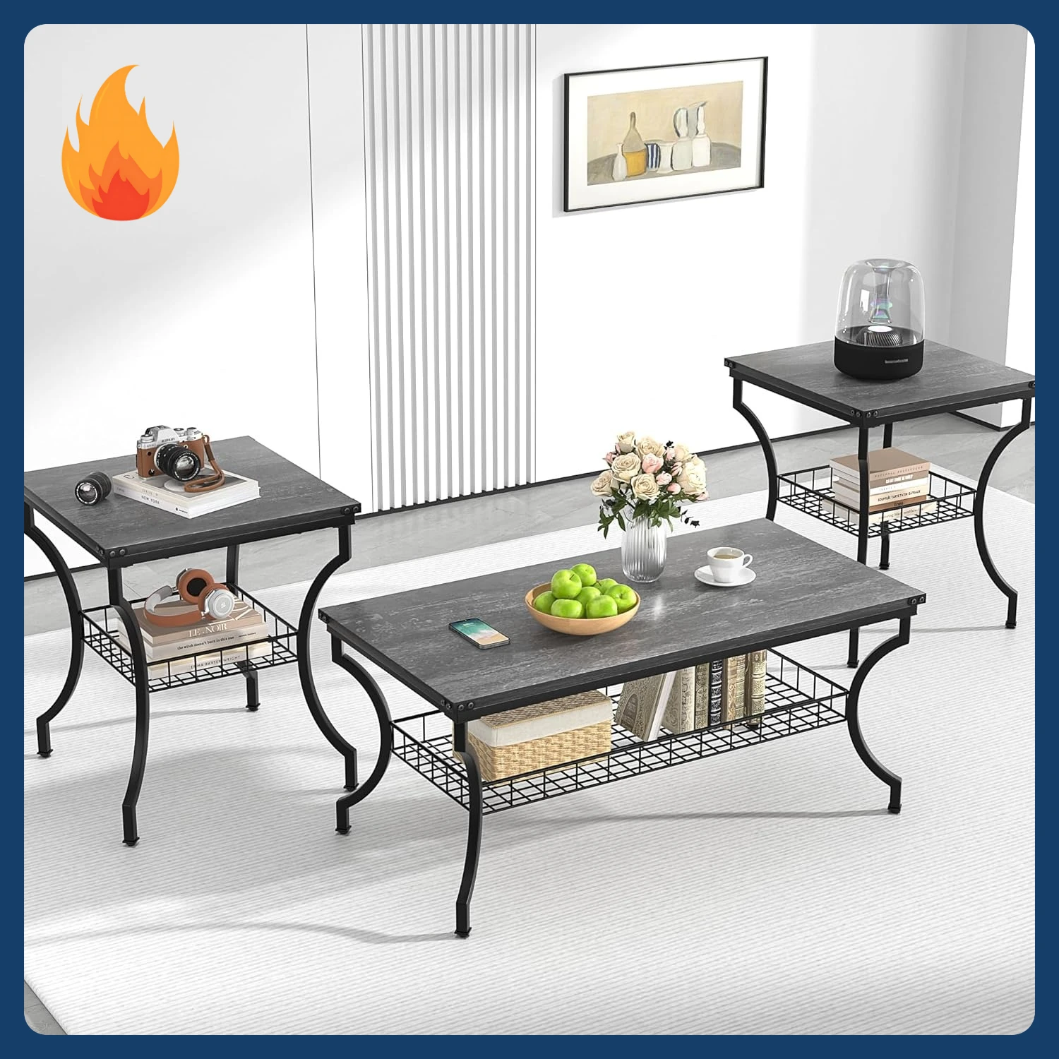 Barang Baru! 3 Set Meja Ruang Tamu, Meja Kopi dan Meja Samping dengan Rak Penyimpanan Terbuka untuk Apartemen, Kantor Rumah, Ukuran Kecil