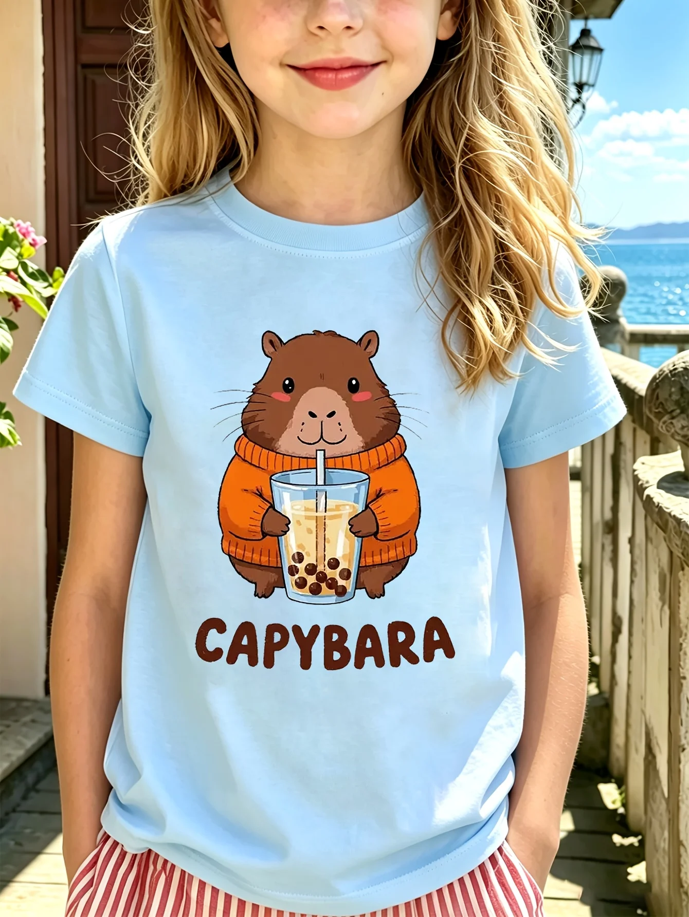 Capybara Bubble Tea Kids Tee Cute Cartoon Graphic Print Boys Girls Family Matching Cotton Short Sleeve Children Tshirt