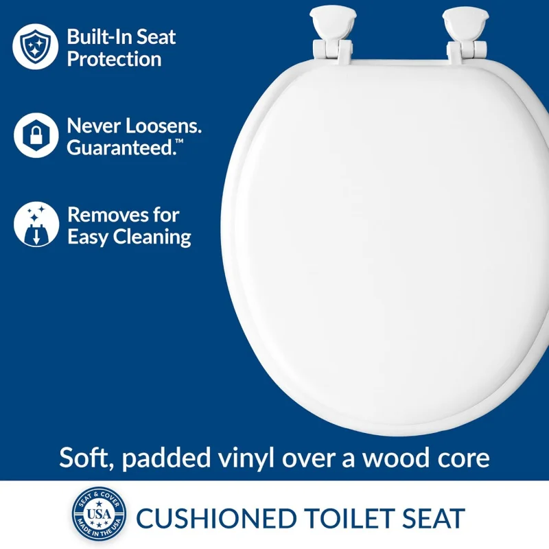 Padded Toilet, Cushioned Soft Vinyl over Wood Core, Secure Hinges, Easy Clean, Round, White