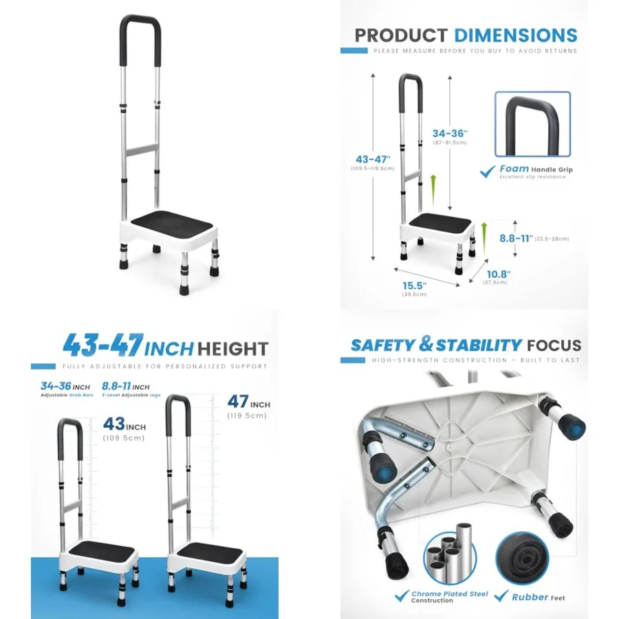 

Step Stool with Handle for Elderly, Aluminum Step Stools for Adults, Step Stool for Bed, Step Stool with Adjustable Handle and