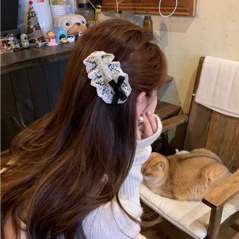 Spring Summer Lace Flower Pearl Bow Hair Clip Scrunchie for Women Girls High Quality Fashion Korean Delicate Hairpin Headdress