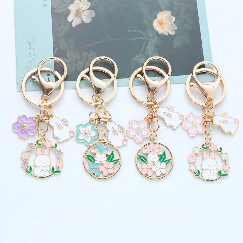 

Bohemian Cute Wreath Cherry Blossom Rabbit Pendant Car Bag New Keyring Simple Pearl Moon Leaves Charm Keychain Jewelry for Women