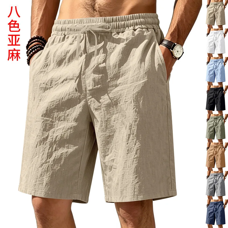 Men Linen Look Elastic Waist Drawstring Shorts With Pockets Lightweight Vacation Casual Shorts
