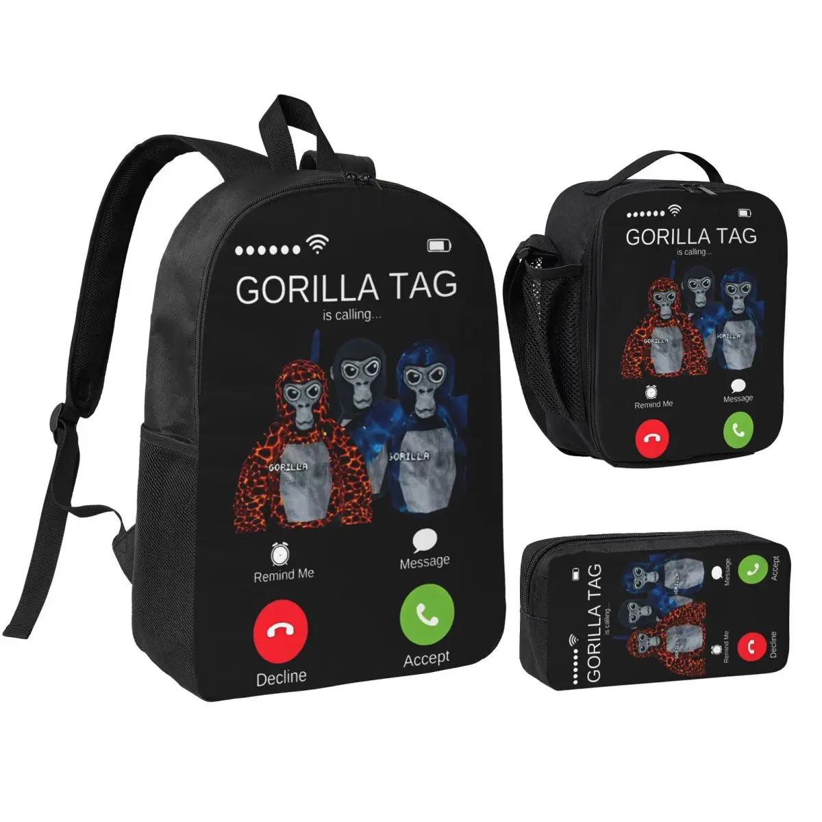

3pecs/set Gorilla Tag Phone Backpack for Student High-capacity Game Monkeys College Shoulder Bag Lunch bag Pencil Case
