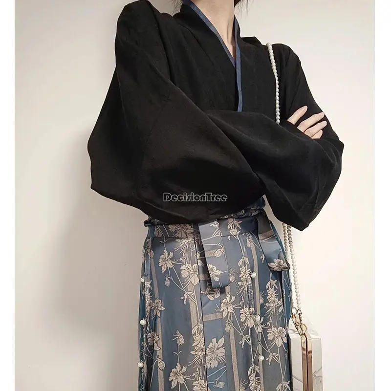 2025 improved chinese song dynasty hanfu female retro daily casual spring summer long sleeve top printed skirt two pieces set