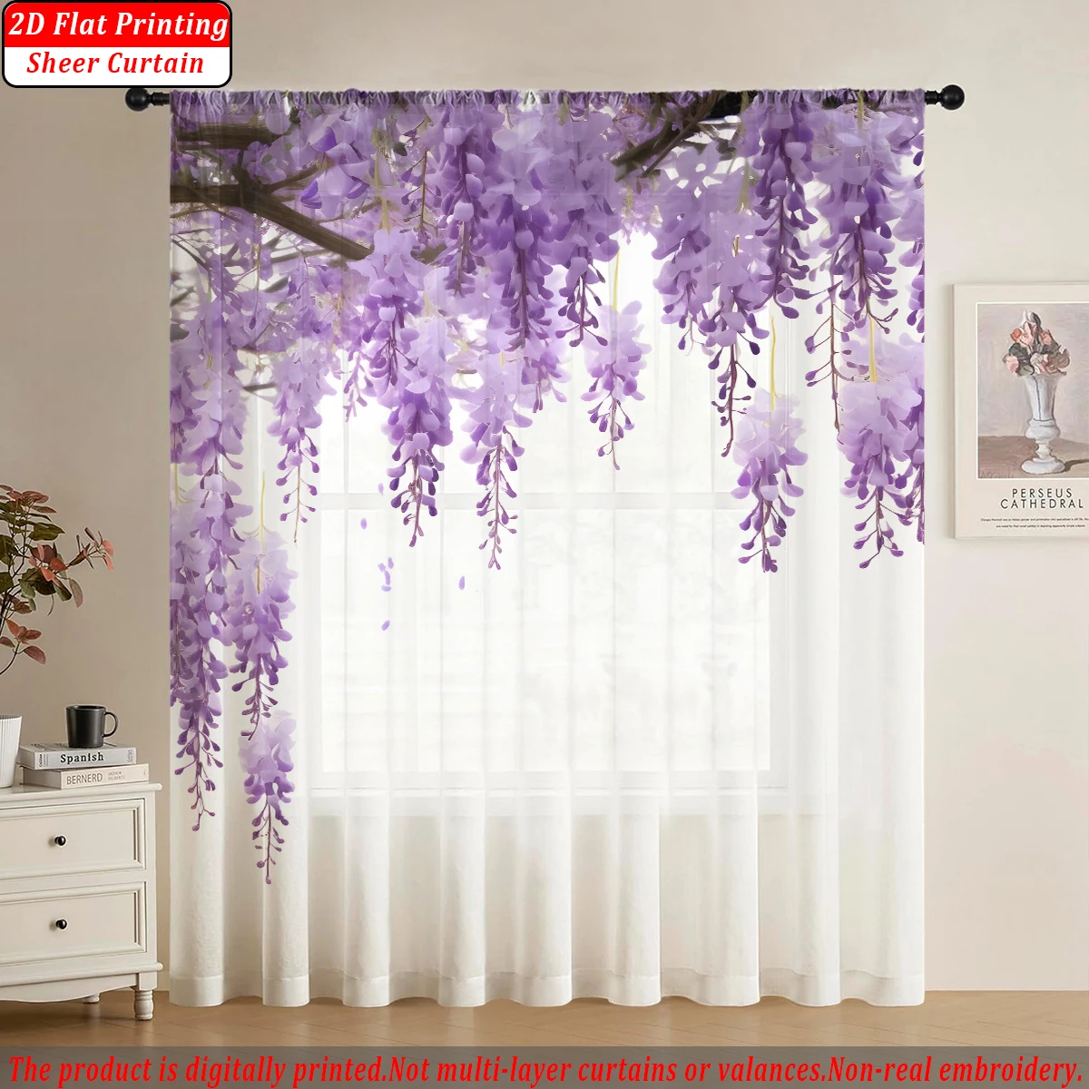 Purple Wisteria Flower Flat Printing Sheer Curtain，Light Fabric，for Living Room Bedroom Home Door and Window Decor