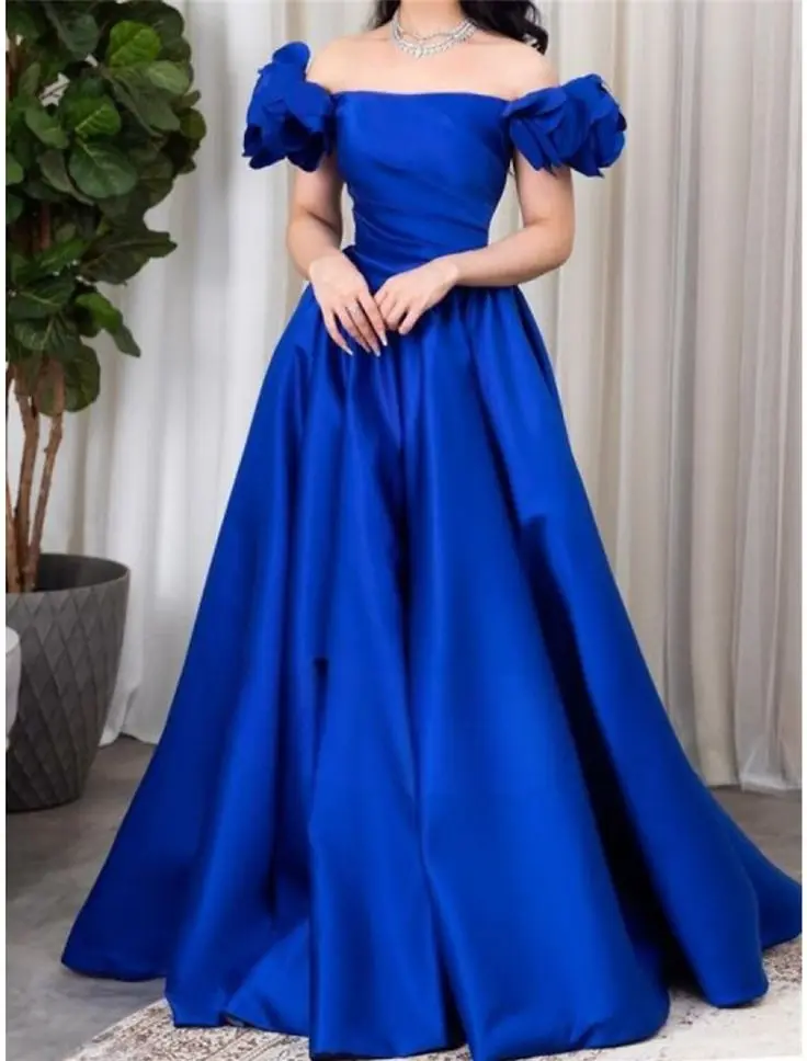 

Royal Blue Evening Dresses Satin Long Floor Length Off Shoulder Florals Boat Neckline A Line Formal Party Women Prom Gowns