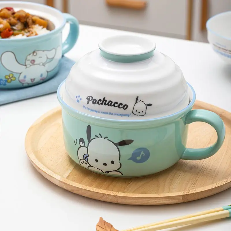 Nowa Kreskówkowa Miska na Nudle Instant Śliczna Sanrio Kawaii Studencka Miska na Owoce do Akademika Kuchenka Mikrofalowa Ceramiczna Miska z Pokrywką Prezenty Zabawki