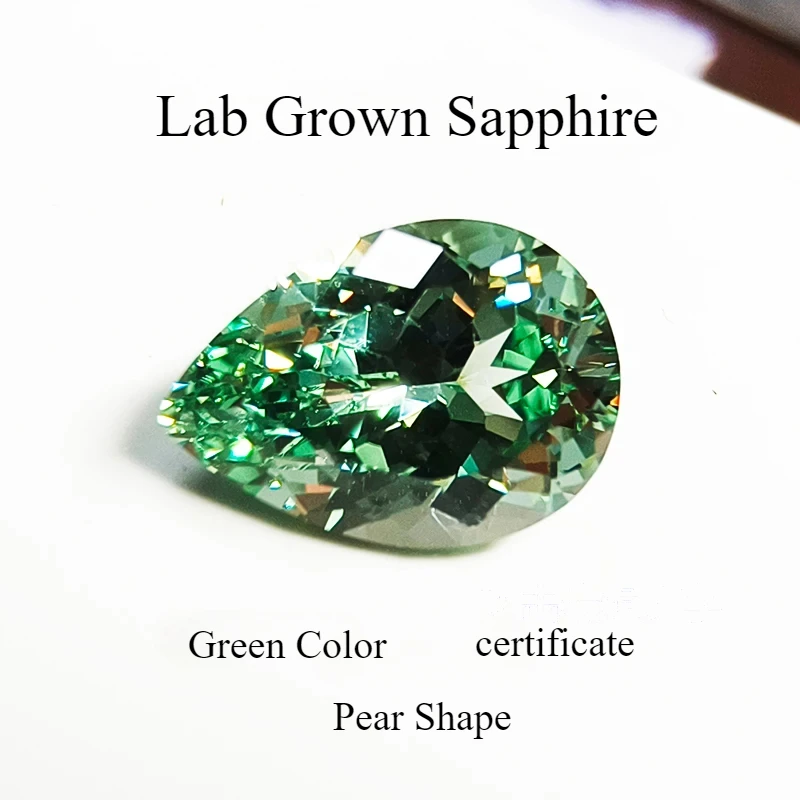 

Lab Grown Sapphire Pear Shape Green Color Charms Gemstone DIY Advanced Jewelry Rings Making Extremely Shiny Quality Certificate