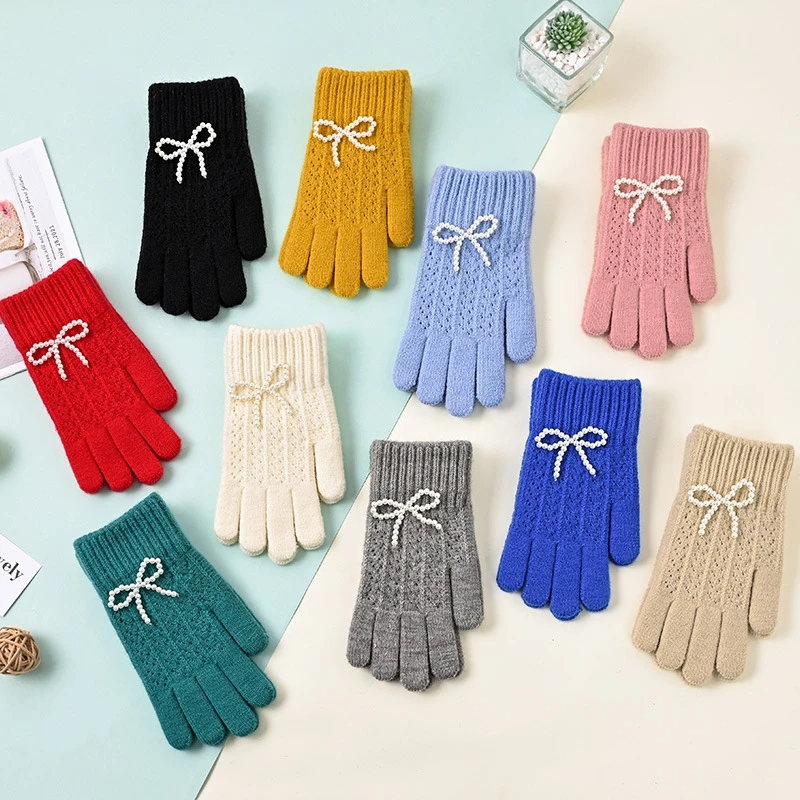 Korean Sweet Pearl Bow Gloves Winter Women's Warm Touch Screen Five-finger Knitted Gloves