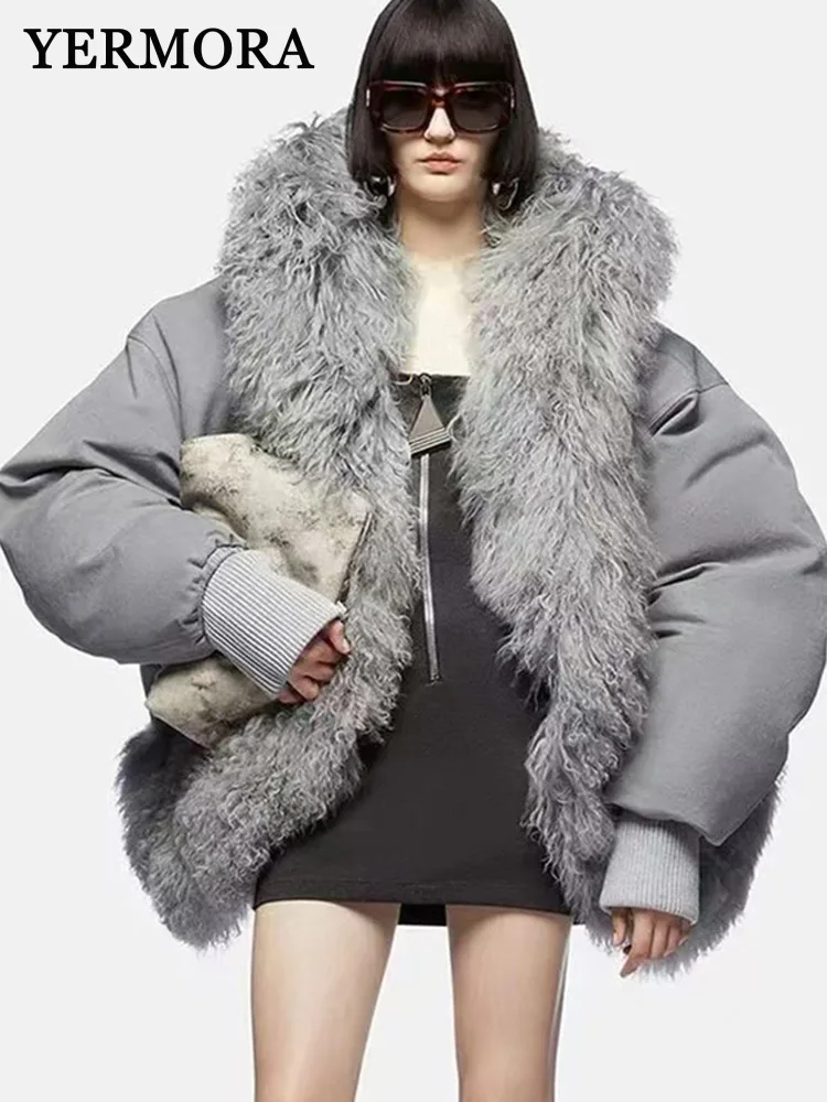 YERMORA Grau Reversible Warme Baumwolle gefütterte Mantel Pelz Kragen Lange Hülse Lose Fit Frauen Parkas Mode Neue Herbst Winter 2025