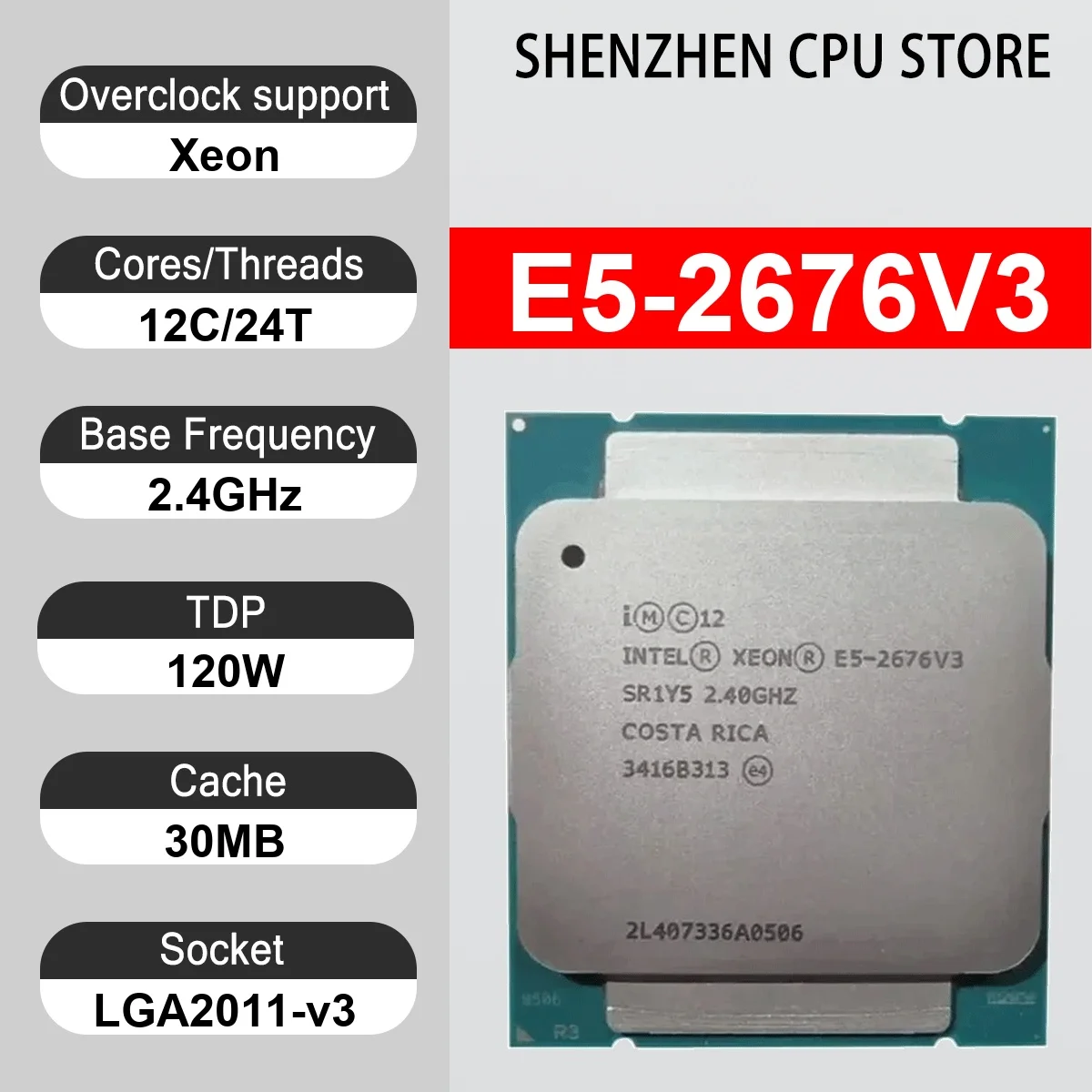 Intel Xeon E5-2676V3 12 Core 24 Thread 2.4GHz 120W 30MB Cache 22nm LGA 2011-v3 SR20X DDR4-2133 Mhz Haswell-EP