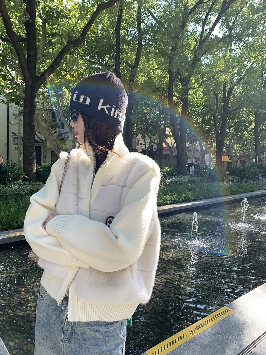 

Warmth Knitted Water Rabbit Fur Zipper Stand Collar Cardigan Outerwear Top Eco-friendly Splicing Fake Two-pieces Outerwear