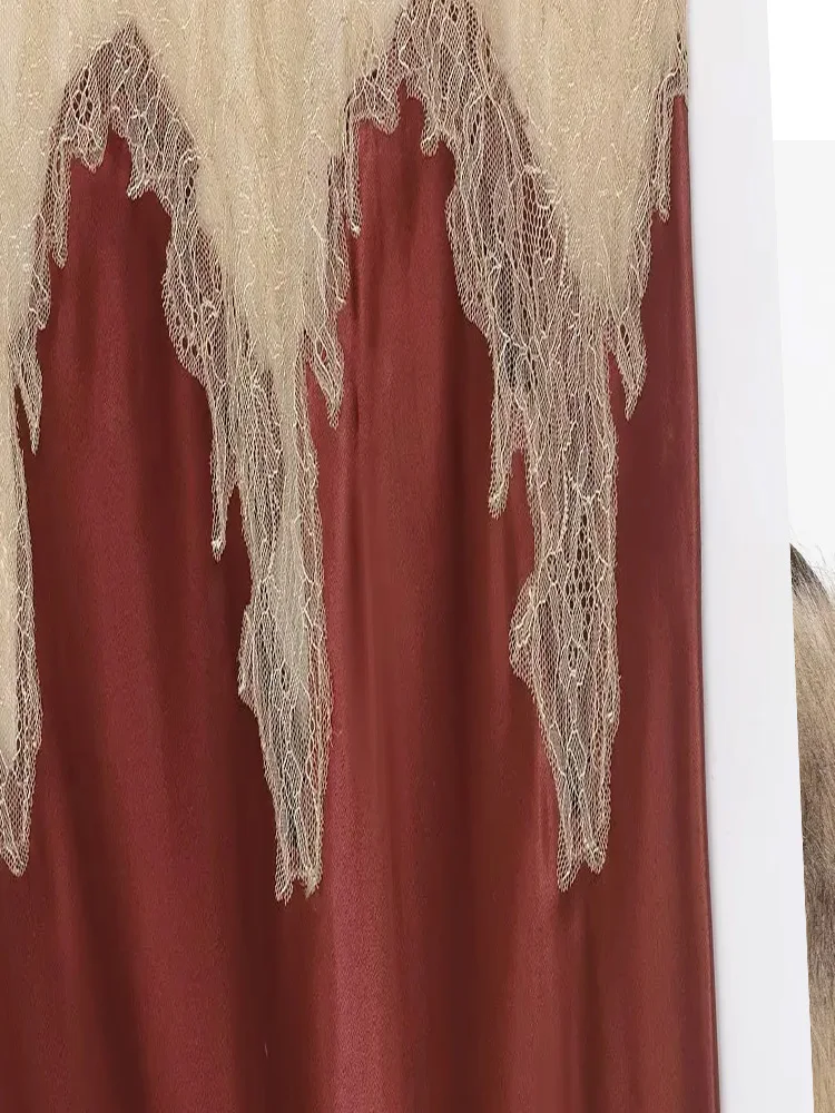 HH أزياء المرأة عالية الخصر الدانتيل الديكور تنورة طويلة الساتان الملمس تنورة المرأة الجانب سستة فضفاضة الشارع نمط ميدي تنورة