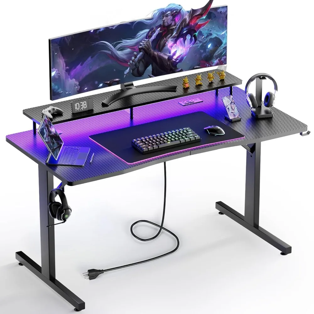 

55 Inch Gaming Desk with LED Lights & Power Outlet, Computer Gamer Desk with Monitor Stand, Customized