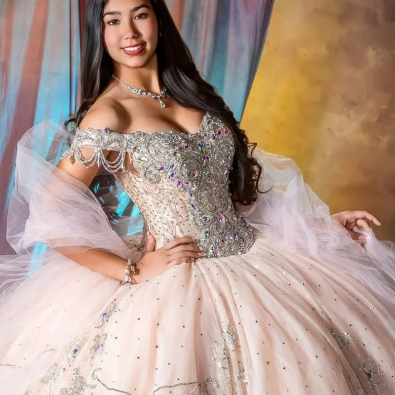 

Light Pink Quinceanera Dress off-shoulder crystal glitter Decal Lace Long tail Vestidos De 15 Quinceanera ﻿Customize
