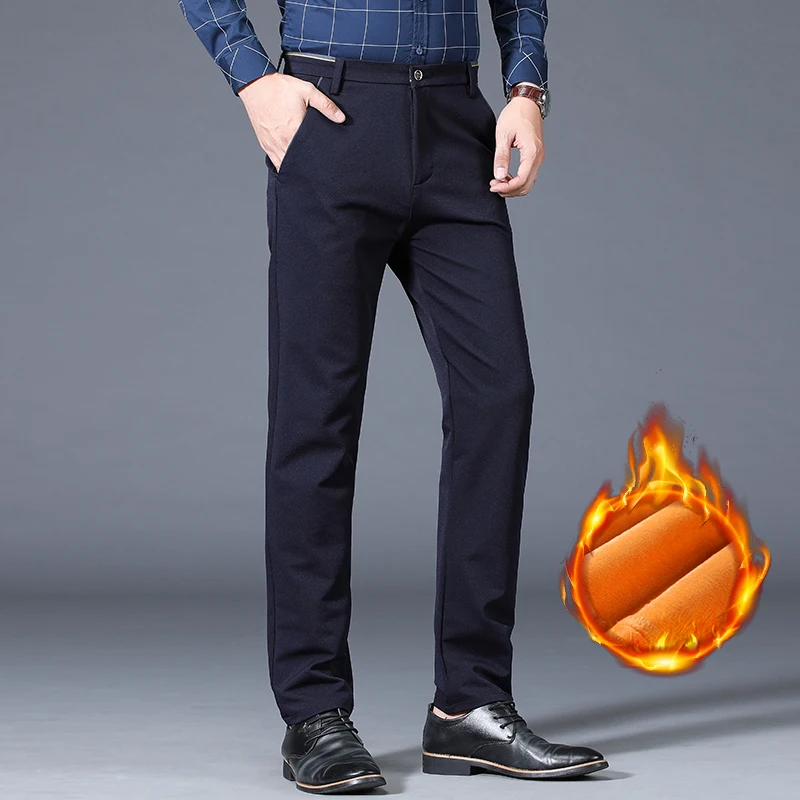 Pantalones de traje de lana cálidos de invierno para hombre, pantalones casuales gruesos formales rectos para oficina de negocios, pantalones térmicos de terciopelo clásicos elásticos