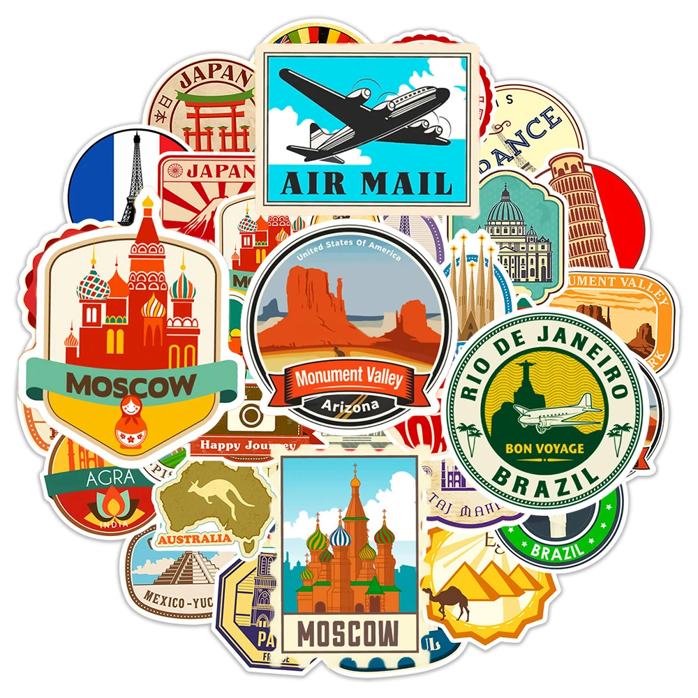 

10/30/50pcs Retro World Travel Landscape Stickers City Landmark Cartoon Decals Suitcase Water Bottle Phone Graffiti Sticker Pack