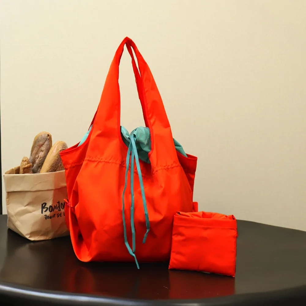Casual Reusable Drawstring Design Handbag Nylon Large Capacity Shopping Eco Bag Storage Bags Waterproof Travel Grocery Bag Women