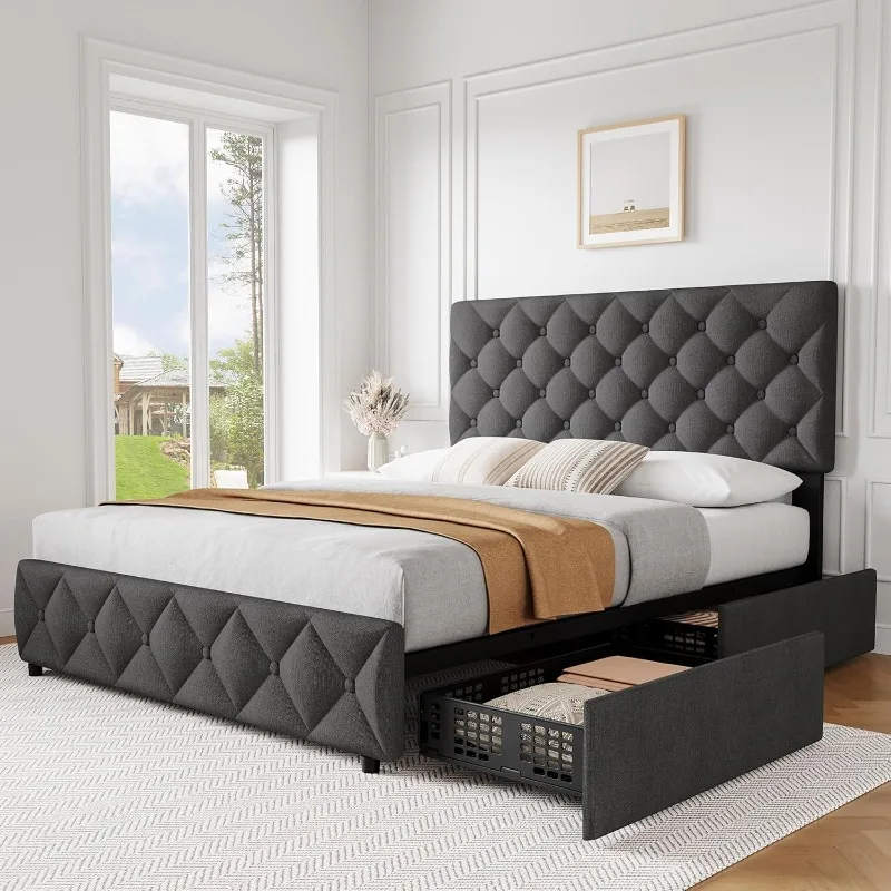 

Queen Size Bed Frame with 4 Storage Drawers and Headboard, Linen Upholstered Platform Bed Frame with Wooden Slats Support,