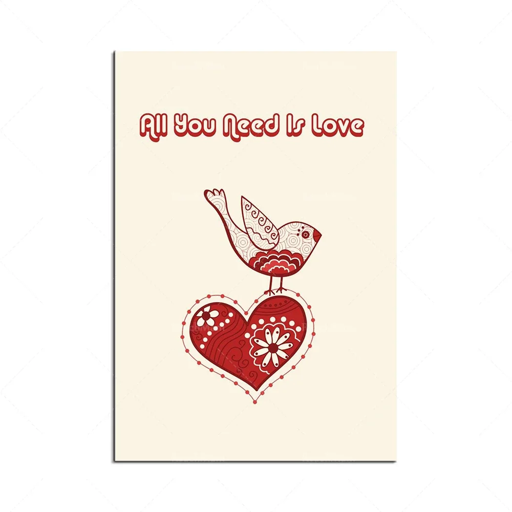 A funky love, a funky love song lyrical art, all you need is a love poster, red bird and heart art, a gift for her