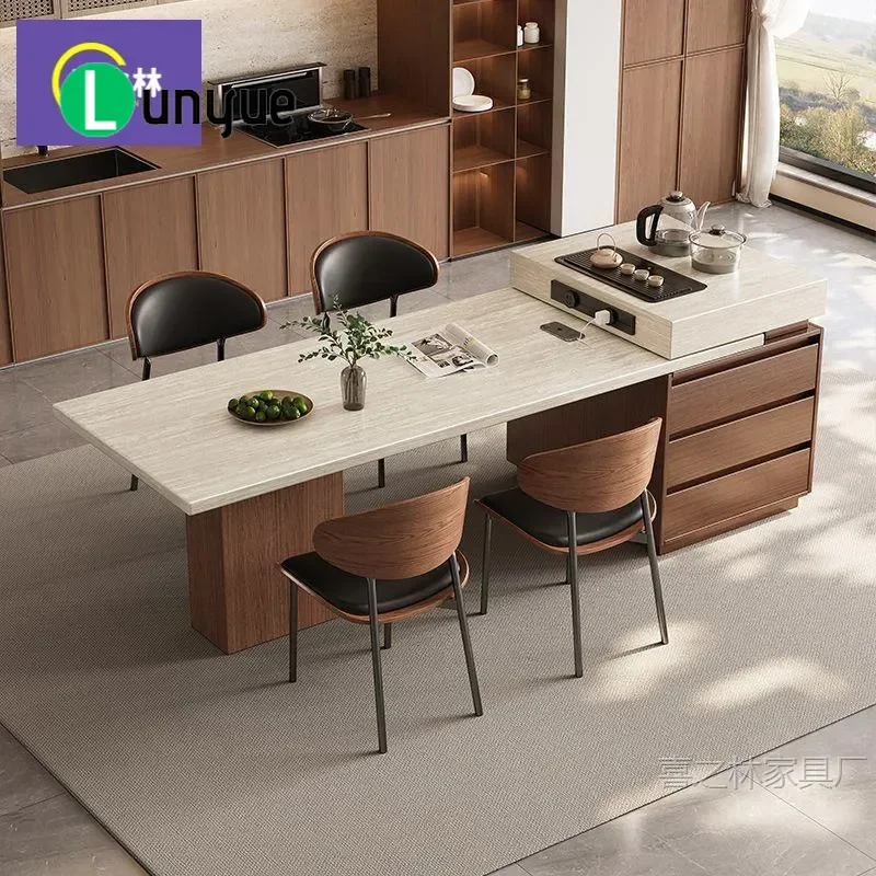 Retractable Dining Table with Induction Cooker Antique Travertine Rock Slab Island Multifunctional Kitchen Furniture for Home