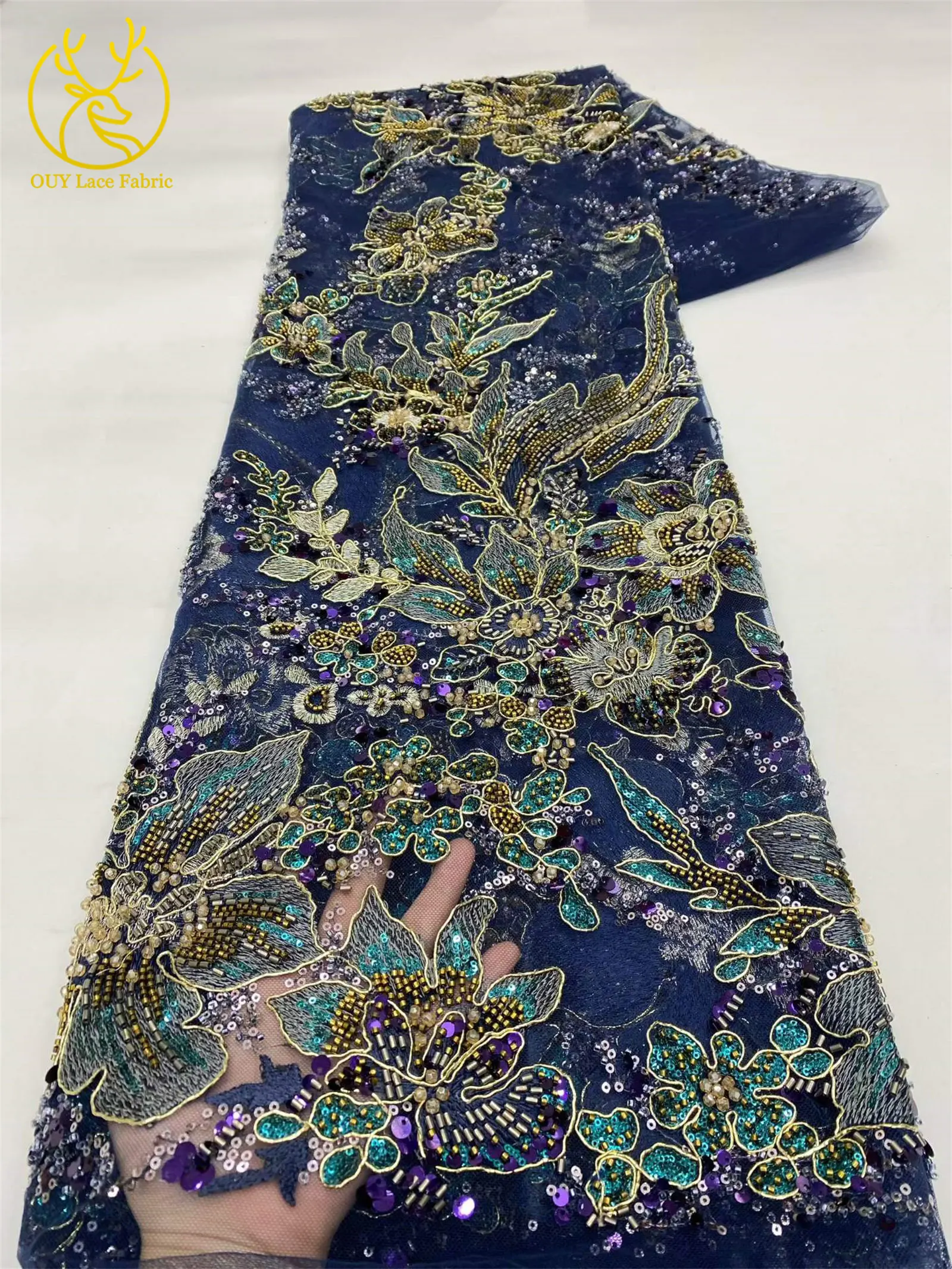 Eleganter Tüll-Spitzenstoff mit Pailletten und Blumenstickerei, afrikanischer handgefertigter Perlen-Mesh-Spitzenstoff zum Nähen von Abendkleidern, 5 Yards – Detail 9