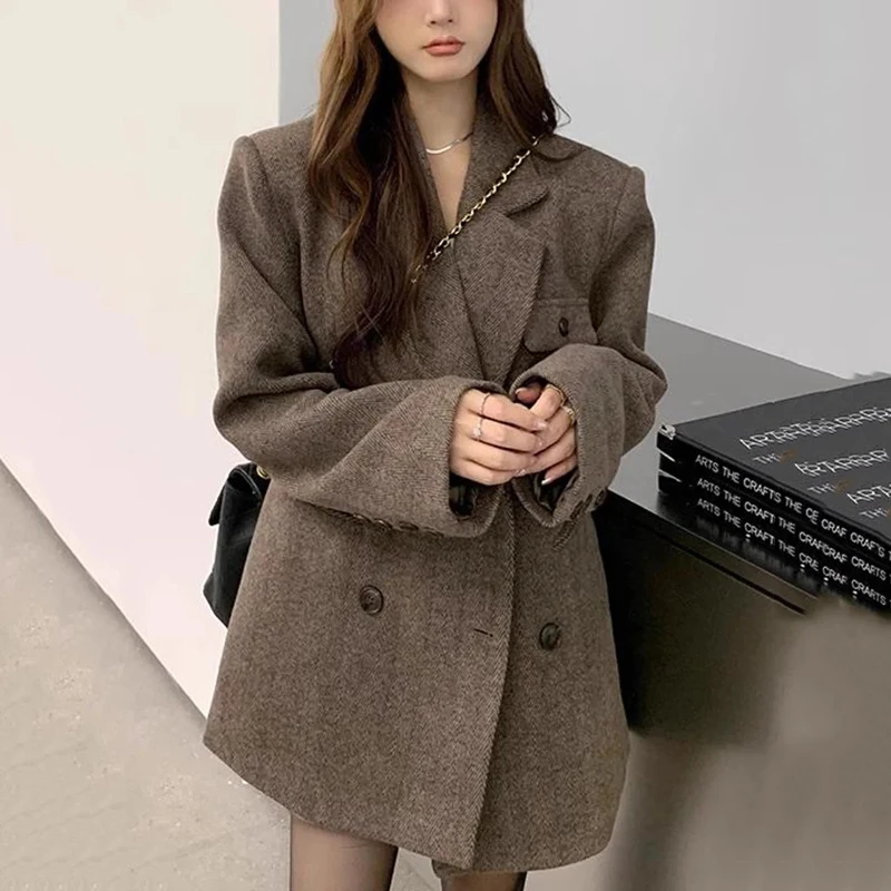 Vintage Brown Faux Fur Blazers Women Autumn Winter Thick Warm Loose Streetwear Coats Y2K Korean Chic Double Breasted Outerwear