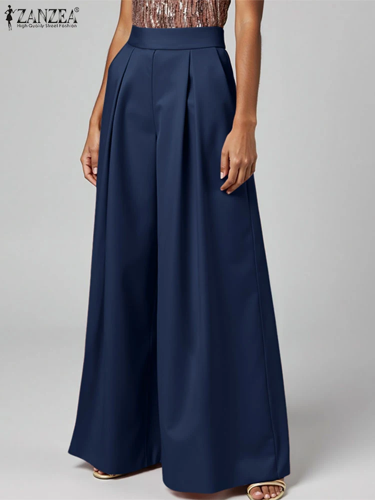 

ZANZEA Streetwear Satin Wide Leg Pants High Waist Elegant Chic Inverted Pleats Fashion Palazzo Pants Solid Woman Loose Trousers