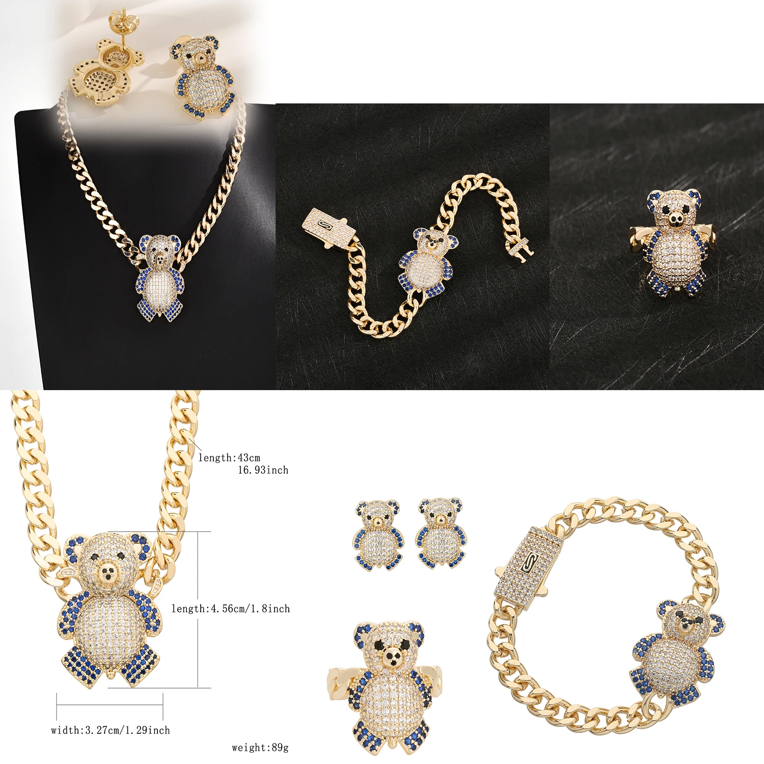 

Blue Zircon-Embellished Bear Four-Piece Jewelry Set, Suitable for Girls' Commuting to Work, Gifts, Christmas Decorations, Jewelry