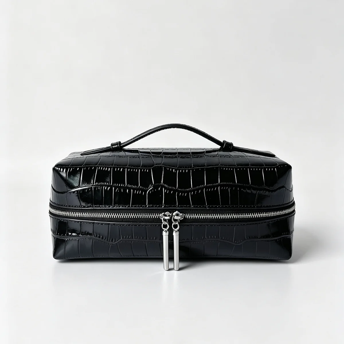 Echtes Leder Krokodil-Prägung Schwarzes Kosmetiktaschen-Set für Damen Toilettenartikel-Organizer Große Kapazität Reise-Make-up-Tasche – Detail 16