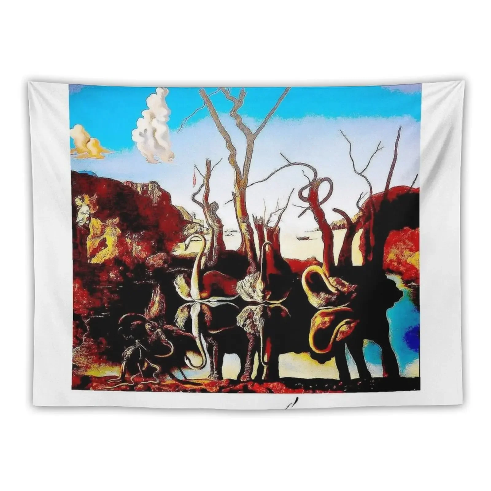 SWANS REFLECTING ELEPHANTS : Vintage AbstractPainting Print Tapestry Bathroom Decor Bed Room Decoration Tapestry