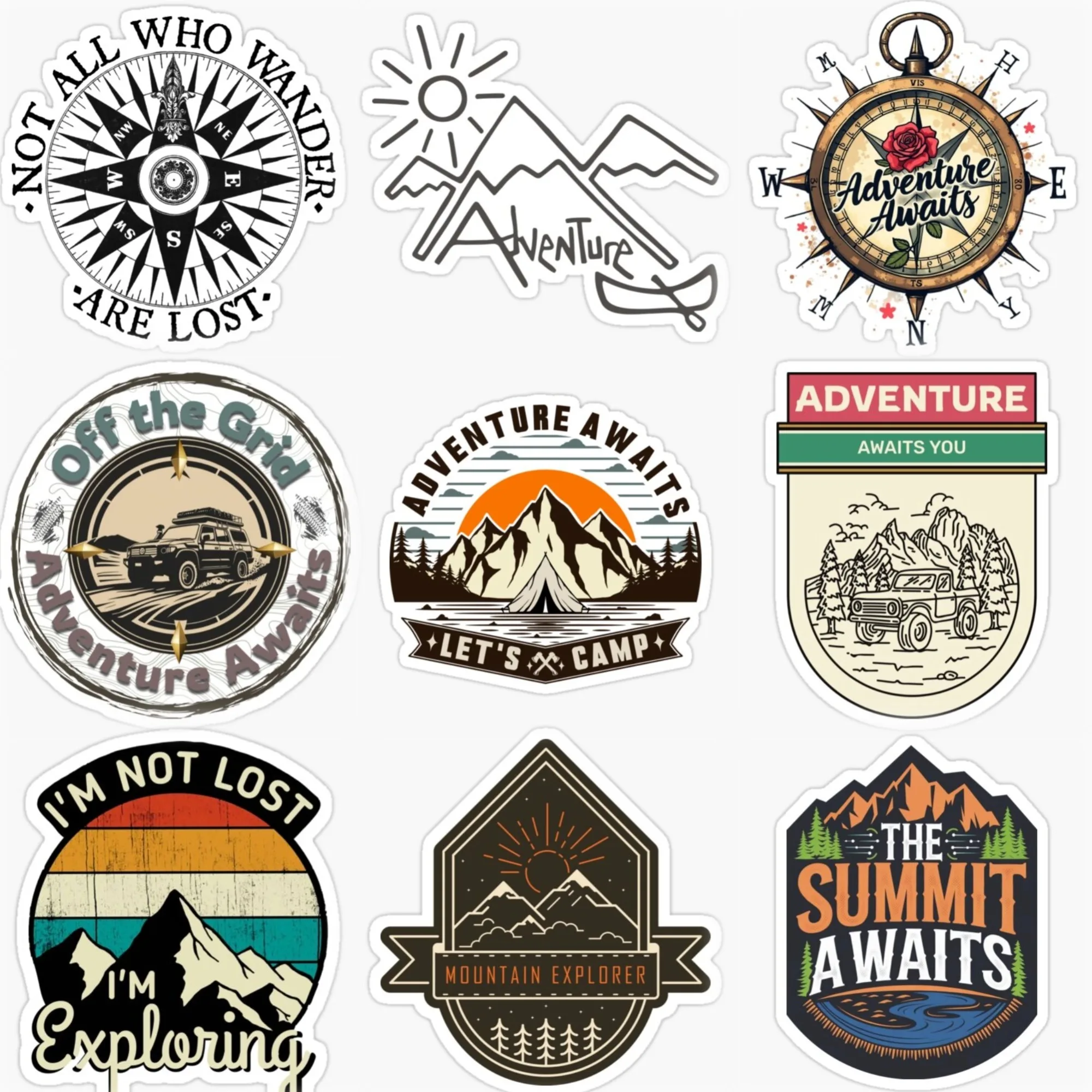 

Adventure Awaits Travel Camping Mountain PVC Car Stickers for Van Bicycle Motorcycle Helmet Bumper Decal Accessories