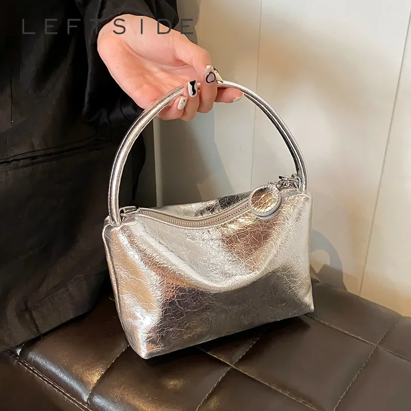 

LEFTSIDE Small Silver PU Leather Crossbody Bags for Women 2024 Y2k Korean Fashion Shoulder Bag Simple Handbags with Short Handle