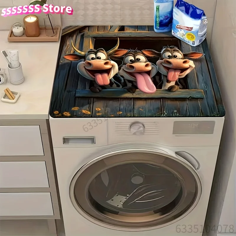 1pc Washer & Dryer Cover Protector Mat with Playful Cow Design - Waterproof Non-Slip Heat-Resistant Polyester Mat for Kitchen Co