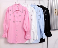 New In 2024 Autumn Diamonds Embroidery Cotton Shirts Women's Long Sleeve Loose Casual Single Breasted Blouses Ladies Top Blusas