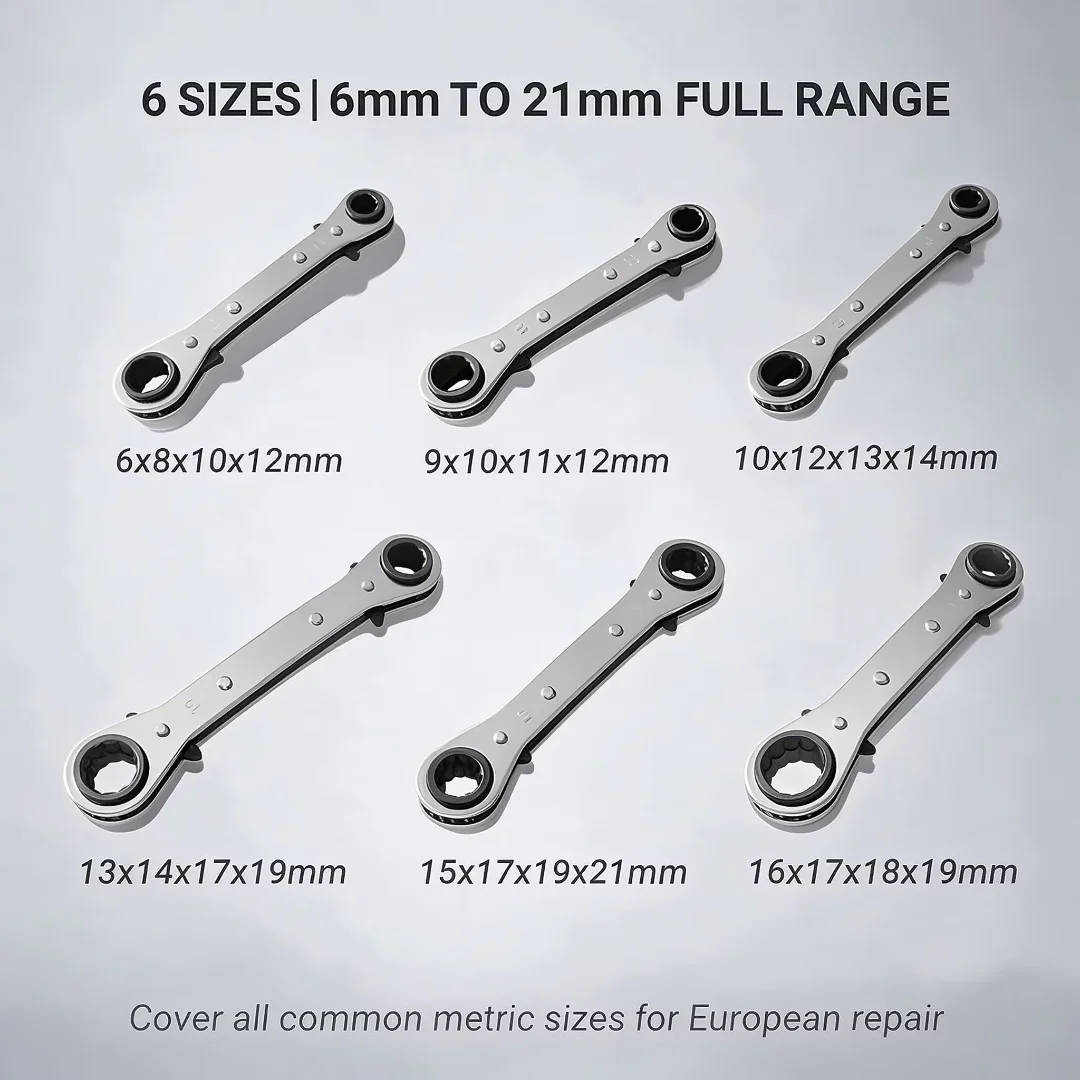4-in-1 Wrench Double Head Ring Ratchet Wrench 6/8/9/10/11/12/13/14/15/16/17/18/19/21mm Chrome Vanadium Steel Ratchet Spanner Set