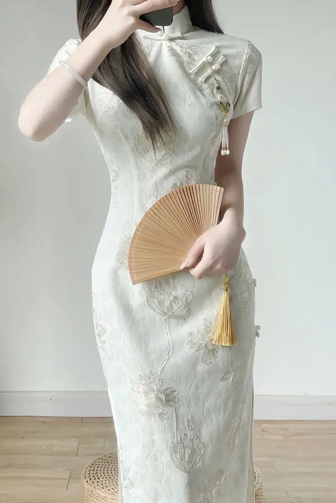 

Абрикосовое жаккардовое платье Ципао с короткими рукавами, новинка 2025, улучшенное издание, весенне-летнее платье с современным Cheongsam в китайском стиле для девочек