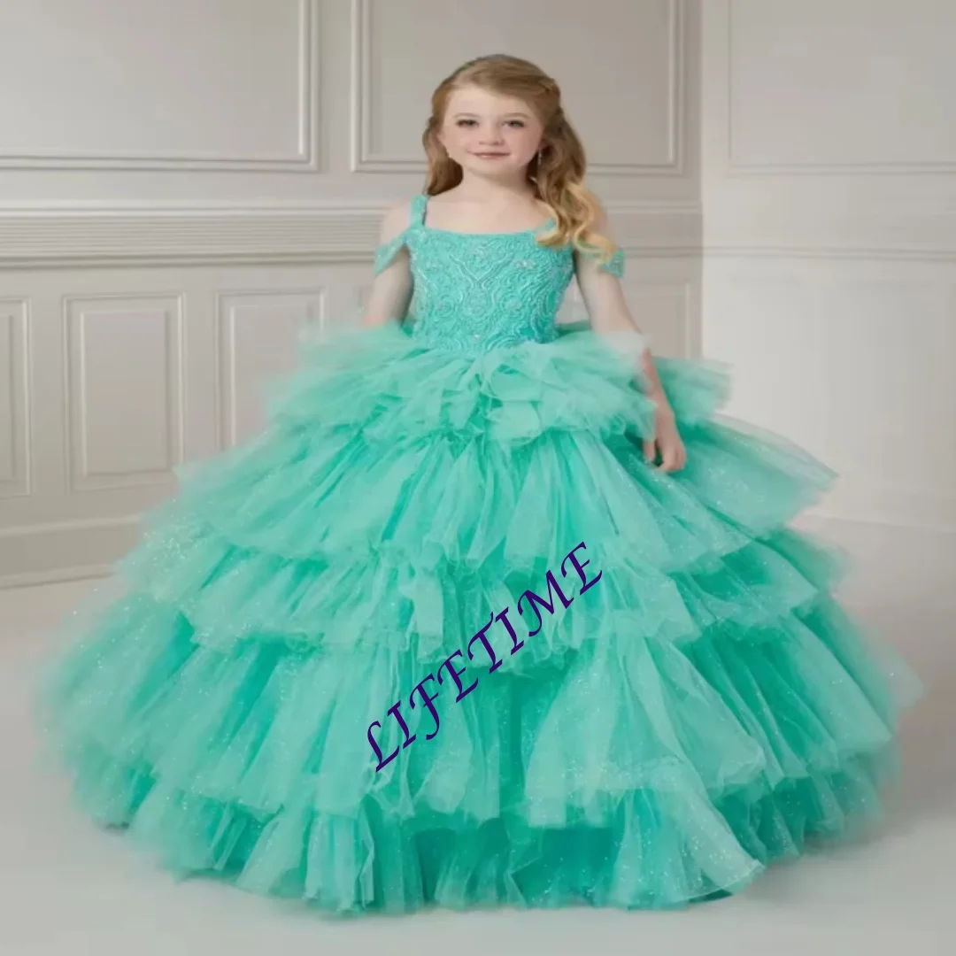 ชุดเดรสเด็กหญิงสีน้ำเงินรอยัลแบบสั่งทำพิเศษ สายรัดประดับกลิตเตอร์ สำหรับงานพิธีศีลมหาสนิท งานเลี้ยงวันเกิด งานรับปริญญา งานแต่งงาน งานปาร์ตี้ แบบเจ้าหญิง