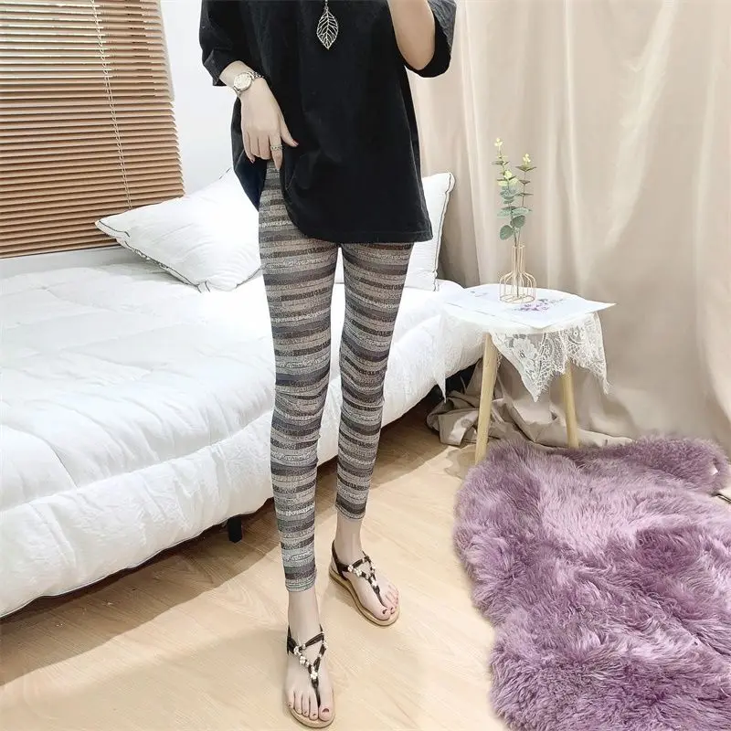 

Summer New Fashion Sexy Elastic High Waisted Ankle Length Pants Women's Printed Striped Gauze Slim Straight All-match Leggings