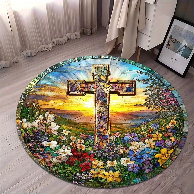 Peaceful Sunset Cross Flannel-printed round floor mats are slip-resistant Suitable living room bedroom terrace garden carpets