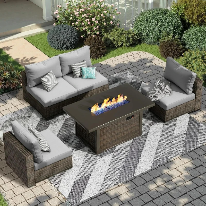 5-piece set of PE rattan outdoor segmented sofas, with fire pit table